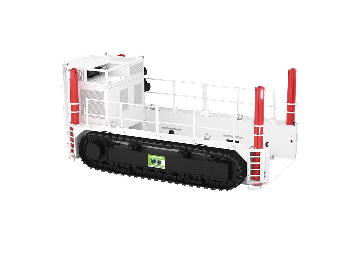 3D-Illustration eines Tracked Transport Vehicle in weiß, rot und schwarz 