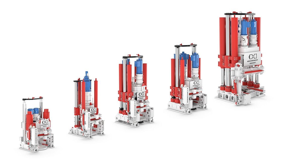 Representation of the RBR product range with the machines RBR300S , RBR300VF, RBR400VF, RBR600VF, RBR900VF in red, blue and white