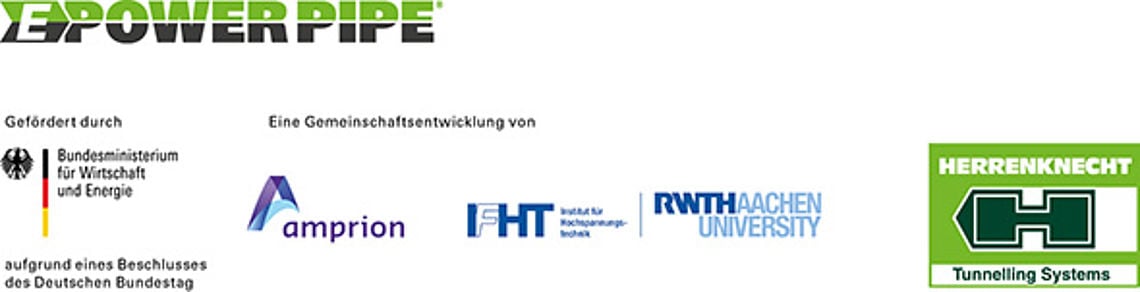Бар с логотипами, на которых написано: При поддержке Федерального министерства экономики и энергетики и совместной разработке компаний amprion, IFHT, RWTH и Herrenknecht.
