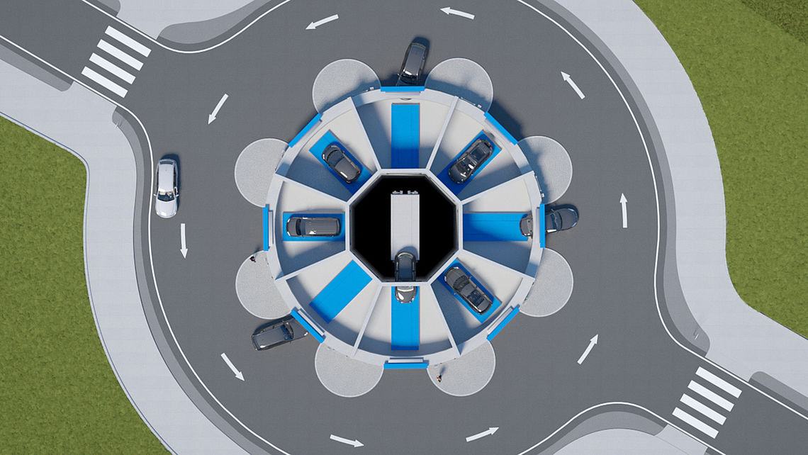 Illustration of a traffic circle with the parking system in the middle, where the cars can drive in.