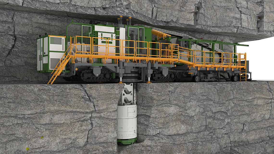 Illustration of a downhole boring machine in use in rock