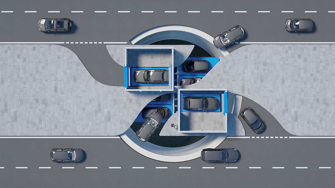 Иллюстрация U-Park с движущимися по дороге автомобилями, въезжающими или выезжающими из парковочной системы.