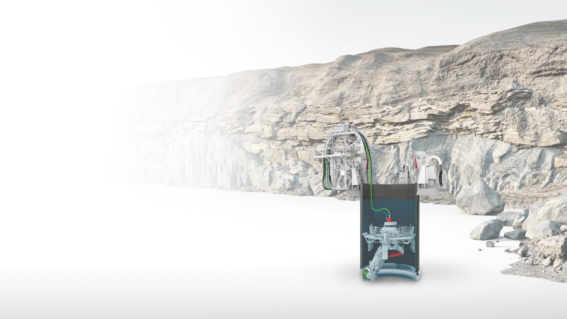 Иллюстрация системы проходки шахты, которая также позволяет заглянуть внутрь с каменной стеной на заднем плане.
