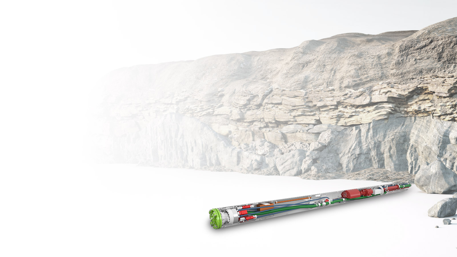 Illustration of an E-Power Pipe, which also allows a view inside with a stone wall in the background.